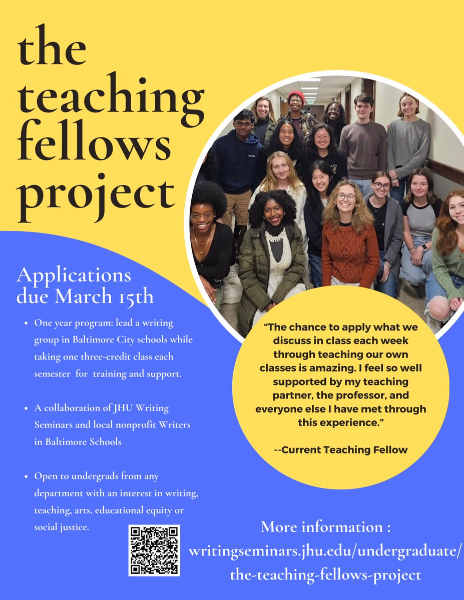 Attention @JohnsHopkins students! We're currently recruiting for our 2024 - 2025 cohort of Teaching Fellows with @JHUWritingSems @JHUArtsSciences. Applications are due 3/15. WBS alumni - stay tuned for announcements about joining our fall cohort as a mentor!