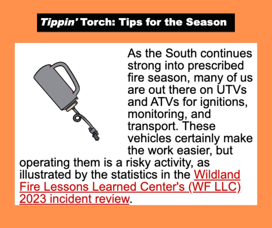 This month's #TippinTorch Tips for the Season focuses on UTV and ATV safety. Refresh your ATV safety tips: nwcg.gov/committee/6mfs… Read the recent accident report: …bucket.s3.us-gov-west-1.amazonaws.com/s3fs-public/su…