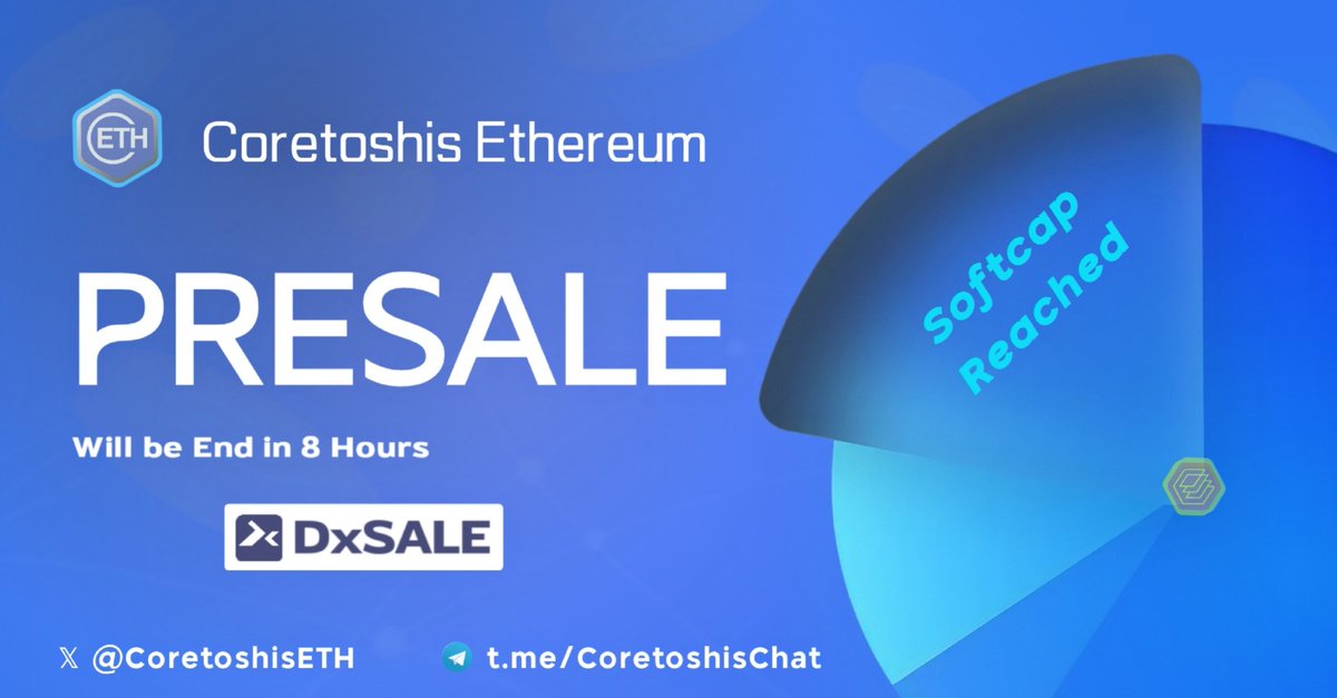 Congratulations #Coretoshis 🎊

#cETH presale reached Softcap✨️

Your unwavering support and enthusiasm have propelled us to reach the Softcap milestone during our presale 🚀🔥

Presale will end in 8 hours  ♻️

Yeah for sure you need some of $cETH 🌩

🔗 core.coretoshis.xyz/PcETH