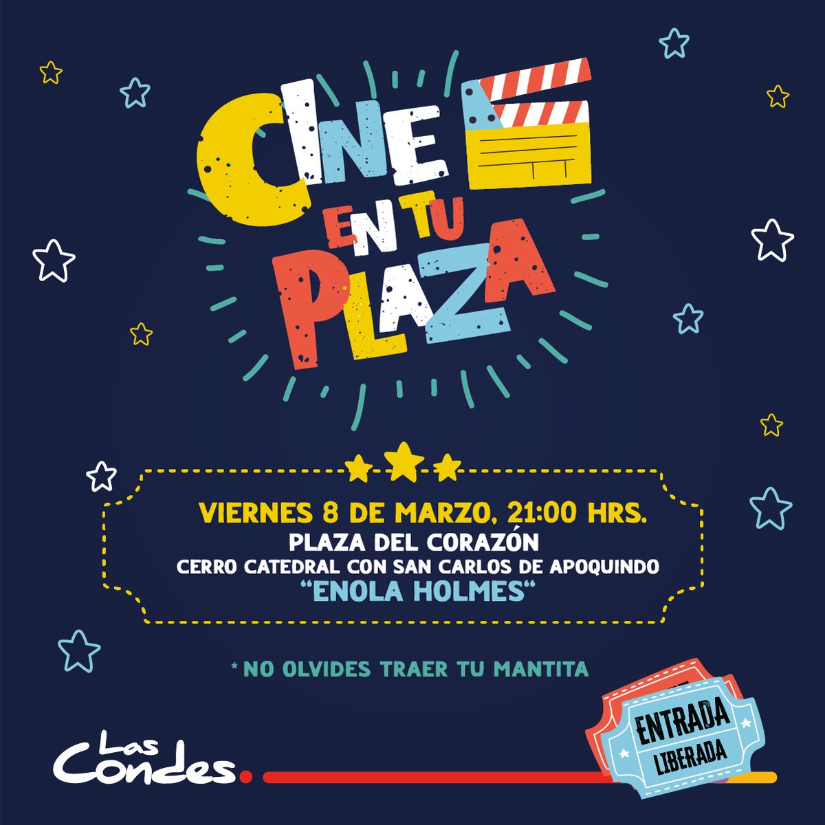 CINE EN TU PLAZA 🎥
Este viernes 08 de marzo continua el ciclo de películas al aire libre en distintas plazas y parques de la comuna  
🎬 Enola Holmes
📆 Vie 08 de mar
⏰ 21 horas
📍 Plza del Corazón, Cerro Catedral con San Carlos de Apoquindo
🎟️Entrada liberada
¡Trae tu mantita!