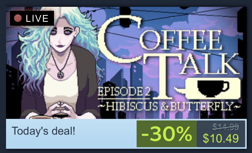 If you are looking for something chill, Coffee Talk Episode 2 is 30% OFF It’s today’s daily deal on Steam. Let’s grab a warm cup of coffee and relax after a tiring day. ➡️ store.steampowered.com/app/1663220/