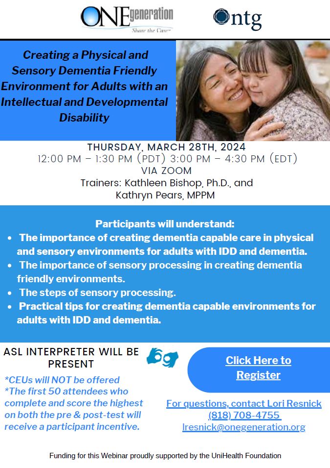 @ONEgenCares & #NTG Webinar: Creating a Physical and Sensory Dementia Friendly Environment for Adults with IDD, Thurs, March 28th at noon. Click link to register: us06web.zoom.us/webinar/regist…