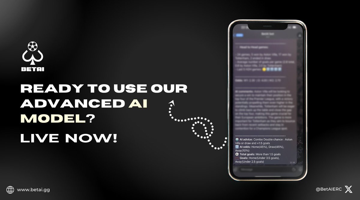 Users are now able to get AI predictions on matches!

This feature includes the following, as shown below:

-> AI Advice: Provides some insight on what bet to place
-> AI odds: Provides the likelihood of different outcomes of the match
-> Total goals of each team.

$BETAI