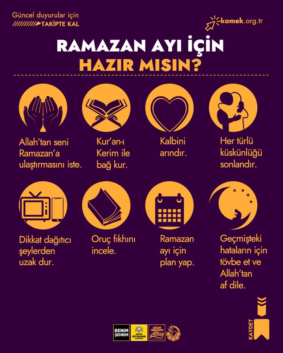 🌙 Ramazan Ayı için hazır mısın? 
Ramazan ayı, manevi bir yolculuğa çıkma vakti geldi! Bu mübarek ayın kapıları açıldığında, kalplerimizi ve ruhlarımızı arındırmanın zamanı geldi. Oruçla bedenimizi temizlerken, ibadetlerimizle ruhumuzu aydınlatma vaktidir. 🤗
#komekkonya