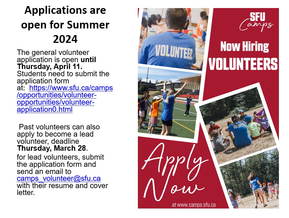 Applications to volunteer at SFU Camps are OPEN. Apply by April 11, 2024 at sfu.ca/camps/opportun… If you have volunteered before and want to be considered for LEAD you must apply and email camps_volunteer@sfu.ca w your resume and cover letter by March 28. @sfucamps