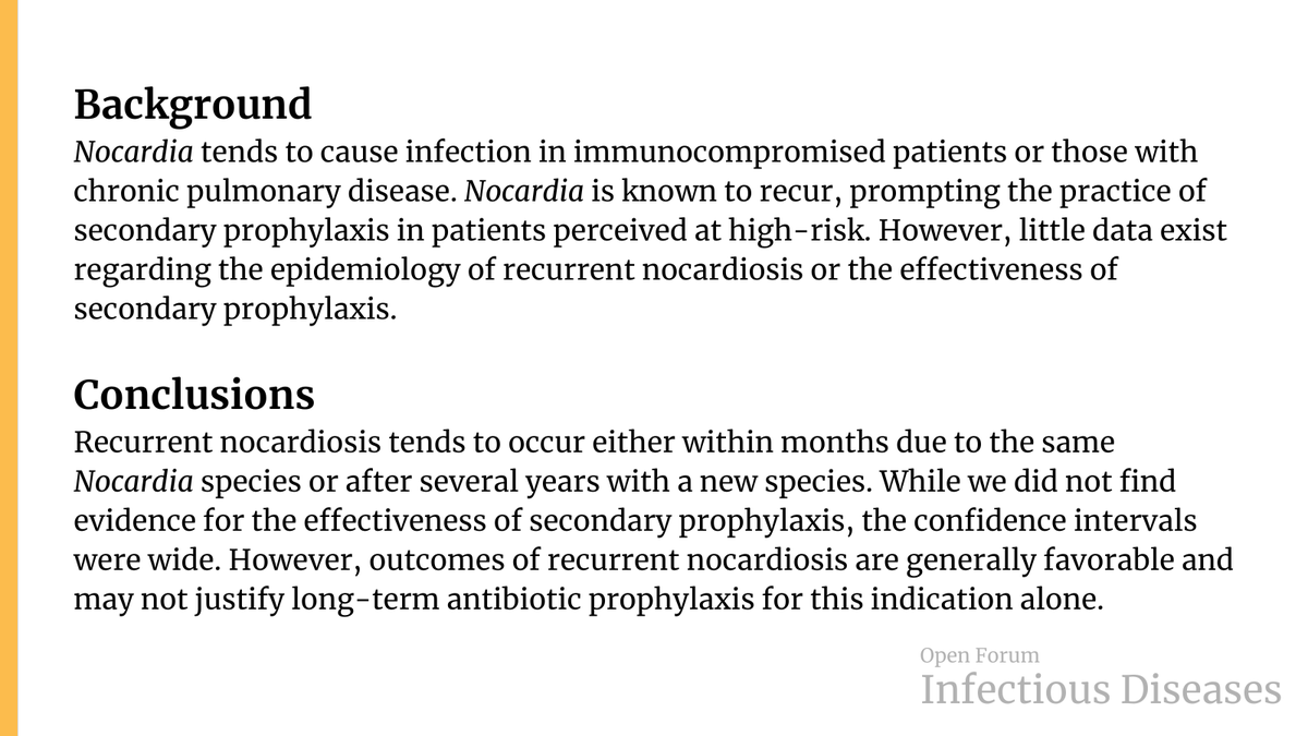 Epidemiology, Timing, and Secondary Prophylaxis of Recurrent Nocardiosis ✅ Just Accepted 🔓 Open Access 🔗 bit.ly/3P7Wmnc @ZYetmar @ElenaBeamMD @MayoClinicINFD