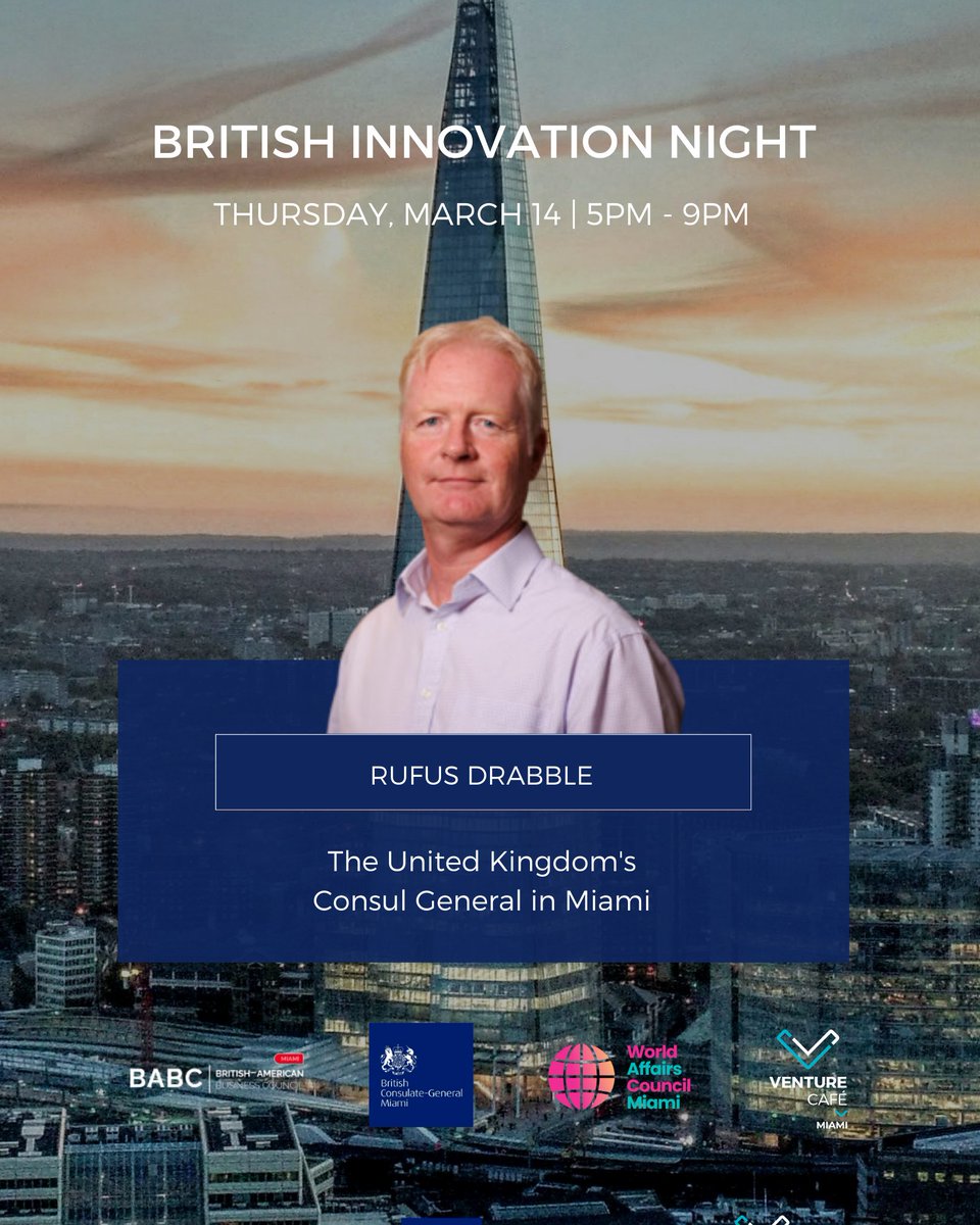 Join us for British Innovation Night at <a href="/VentureCafeMIA/">Venture Café Miami</a>, where Consul General <a href="/rufusdrabble/">Rufus Drabble</a> and 🇬🇧 startup founders will discuss UK innovation, as well as trade &amp; investment with Florida.

🗓 Thursday 14 March
📍 1951 NW 7th Ave, Miami

Register: venturecafemiami.org/sessions/briti…