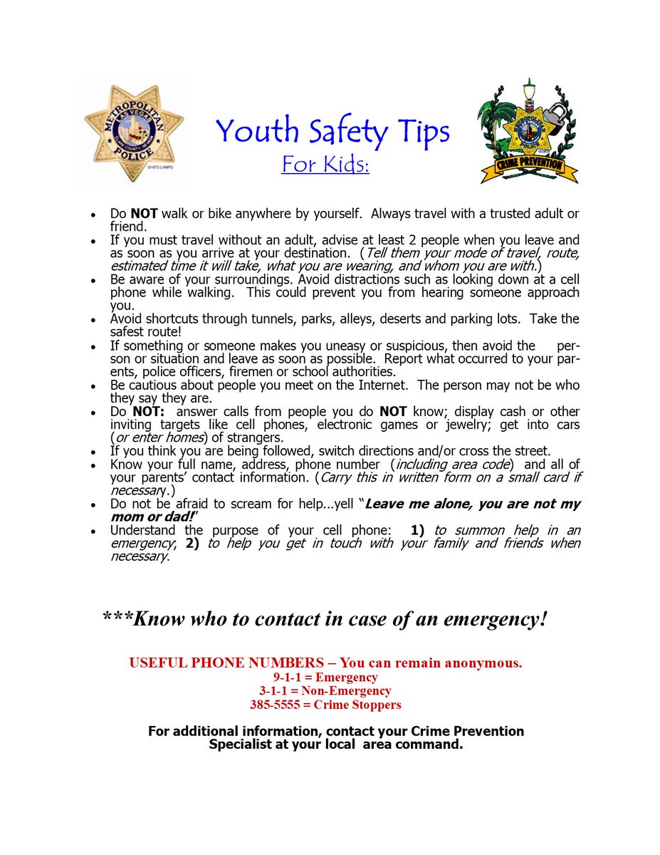 🌞 During Spring Break, make sure you know where your kids are and that they know some basic safety tips to help keep them safe. See flyer for some recommendations. Be safe!