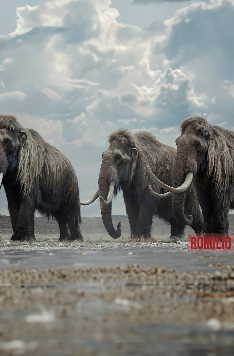 Woolly Mammoths approaching shallow melt-water