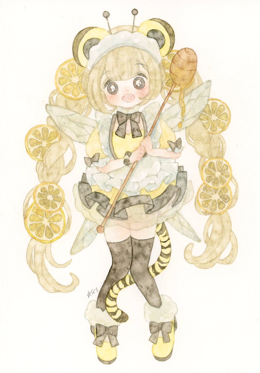 1girl solo tail animal ears thighhighs long hair food  illustration images