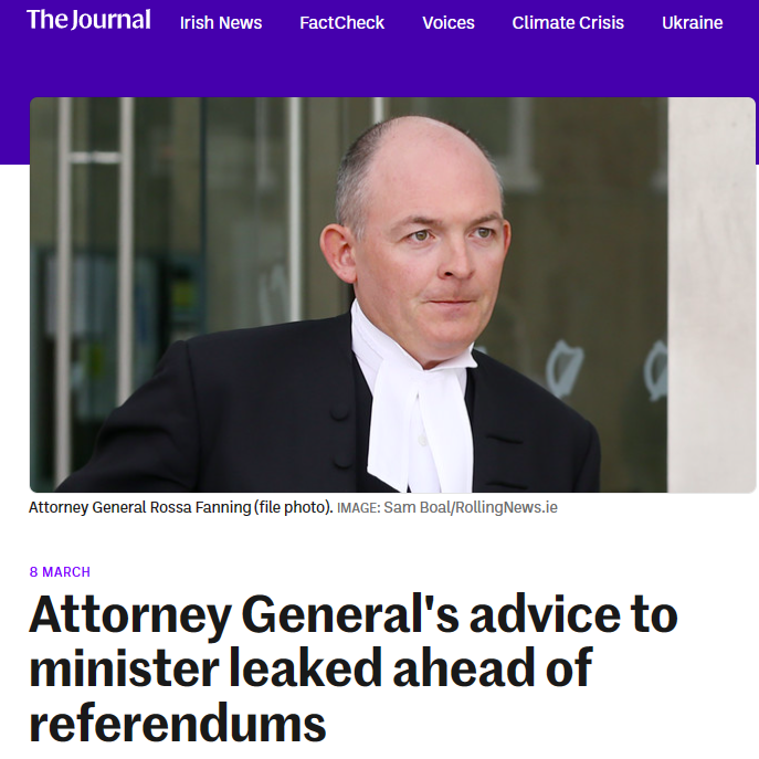 BenGilroyIRL's tweet photo. "Attorney General's advice to minister leaked ahead of referendums"
Part of the advice to Minister O'Gorman is worrying and is quoted as “there can be little doubt that the obligation on the state to ‘strive’ to support the provision of care will have real effects which will be enforced by the courts, and that it will be relied upon in a very wide range of contexts in support of claims that the constitution requires the state to provide, and/or support the provision of care”.  
This could entail the state having to provide to every immigrant with 4 wives and 22 children under the durable relationship nonsense. Now you know that the only way to vote tomorrow is NO NO
https://t.co/JP5Z2xdehm
“This could have the effect of drawing the courts further into questions of resource allocation than is currently the case and could result in declaratory orders against the state with significant financial implications.”
#VoteNoNoRef24 #VoteNoNo