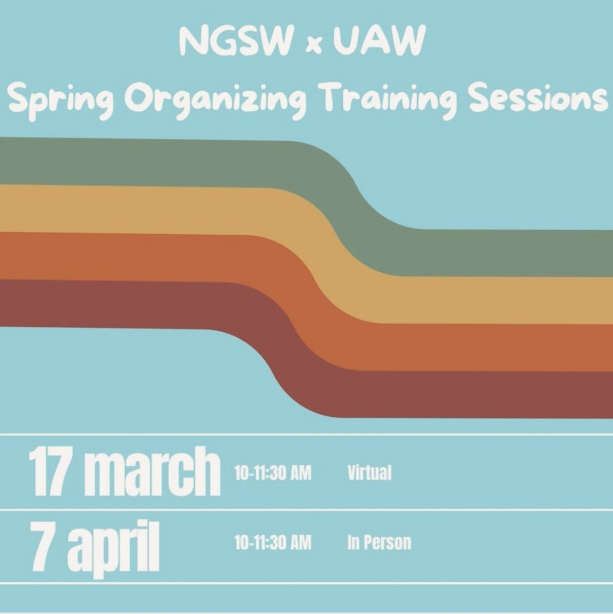 NVGradWorkers's tweet photo. This spring, we’re partnering with UAW to offer training sessions about organizing on campus. Join us virtually or in person and learn how to talk to colleagues about unionizing, steps towards collective bargaining and more.

DM or email for link/location. https://t.co/9U6Kz9AARB
