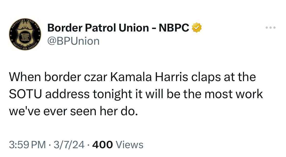 Border Patrol Union has been on fire lately with their posts! 😂 And they’re right! What exactly have we actually seen Kamala do!!?