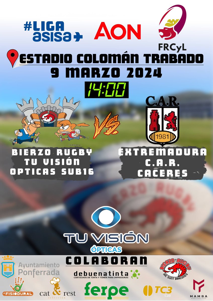 RugbyBierzo's tweet photo. Esto no para!!! El sábado volvemos a jugar en casa la #copaAON de la @FRCyL , y esta vez con una visita desde las lejanas tierras de Cáceres de @CARCaceres1981
📅 Sábado 9 de marzo
🕓 14:00
🏟️ Estadio Colomán Trabado
#LigaASISA https://t.co/FvXIZbPGuL