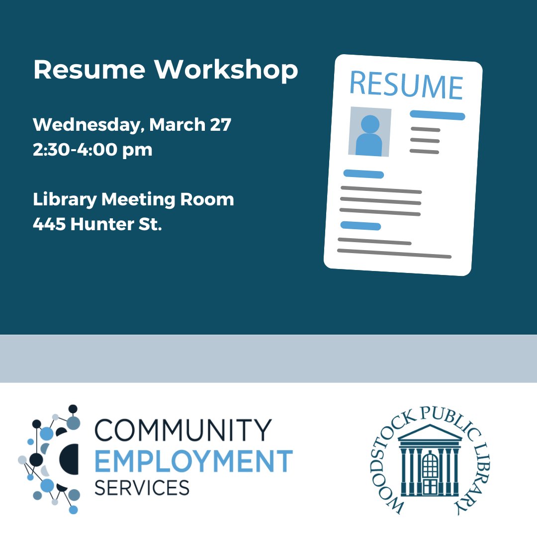 Registration opens March 13 for our upcoming resume workshop, in partnership with CES. Bring your current resume and CES will review it for you.

Find full details here: ow.ly/NNTq50QKNrx

#ResumeWorkshop
#myWPL
#CommunityEmploymentServices