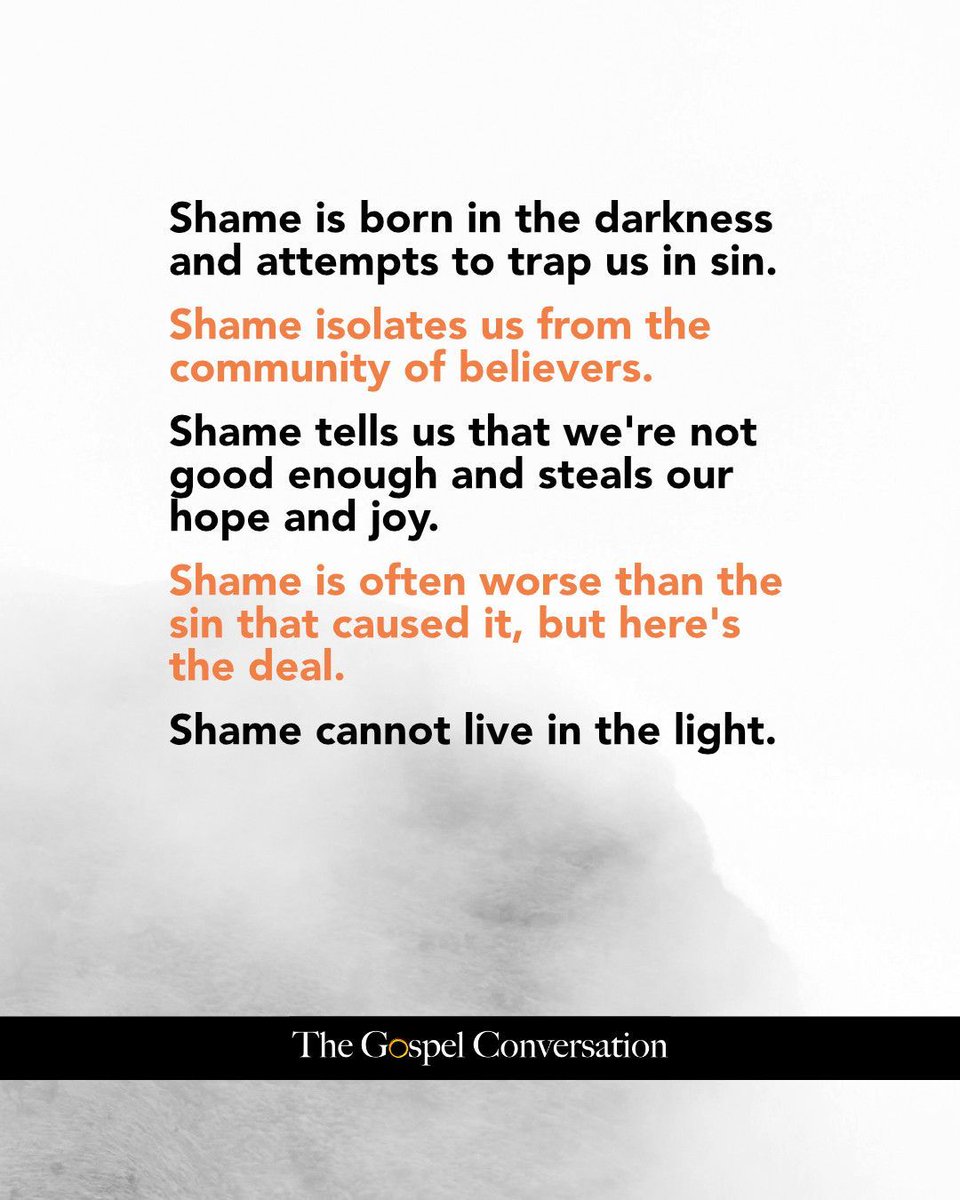 The devil works in the darkness, so turn the lights on.

Christ has set us free. The devil is powerless to chain us, but he has a crafty weapon to convince us to rechain ourselves: shame.

Turn the lights on. Shame cannot live in the light.

#discipleship #shame
