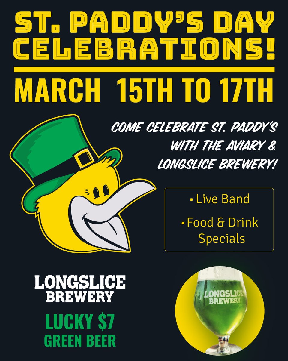 Longslice Brewery (@longslicebrews) on Twitter photo 🍀 Celebrate St Patrick's Day with Longslice! 🍺
From March 15th to March 17th get the Lucky $7 pint of Longslice Green Beer! <a href="/aviarybrewpub/">The Aviary Brewpub</a> is cooking up some Irish Food specials.
On Sunday, March 17th live band from 7PM to 9:30PM.
Book your table, call 647.352.7837 🍀 Celebrate St Patrick's Day with Longslice! 🍺
From March 15th to March 17th get the Lucky $7 pint of Longslice Green Beer! <a href="/aviarybrewpub/">The Aviary Brewpub</a> is cooking up some Irish Food specials.
On Sunday, March 17th live band from 7PM to 9:30PM.
Book your table, call 647.352.7837