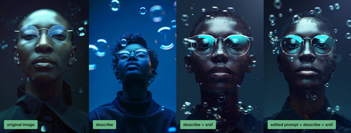 ciguleva's tweet image. Midjourney just released the new /describe feature for version 6. I tested it with the --sref parameter and found an interesting workflow for myself:

1. Use /describe with the original image to generate the text prompt.
2. Run this prompt with the --sref [original image URL…