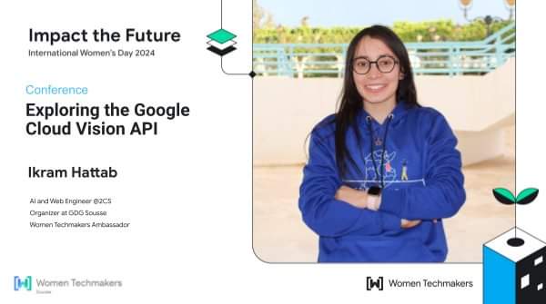 Talk: Exploring the Google Cloud Vision API.
Join us this Saturday 🥳
<a href="/wtm_sousse/">Women Techmakers Sousse</a> <a href="/GDGSousse/">GDGSousse</a>
#iwd #wtm #Vision #API #ai #ml  #dl 
@Nour_BOUAYADI <a href="/WomenTechmakers/">Women Techmakers</a> <a href="/googledevs/">Google for Developers</a> <a href="/googledevgroups/">Google Developer Groups</a> <a href="/GoogleAI/">Google AI</a>