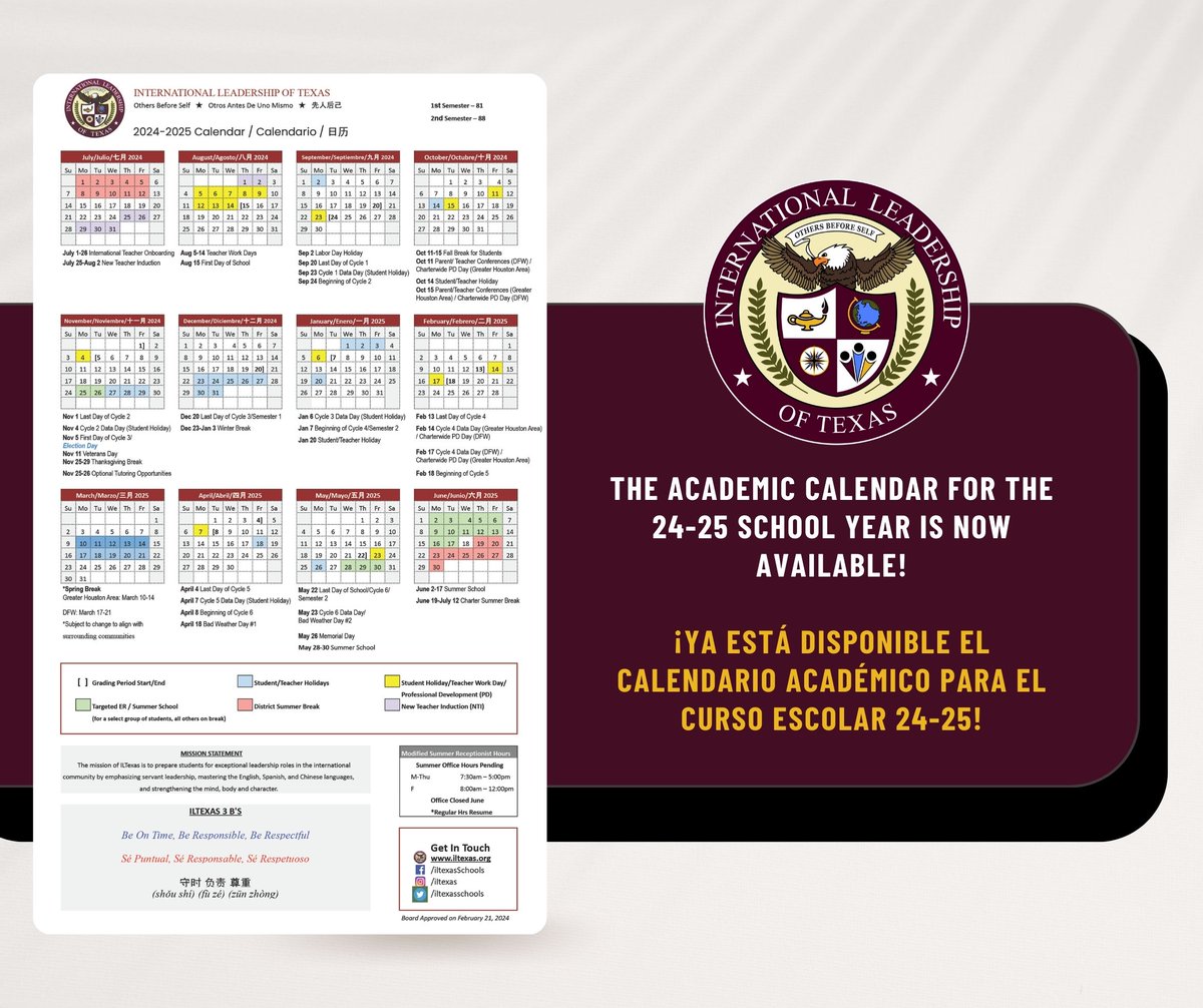 The academic calendar for the 2024-25 school year is now available! We encourage families to review important dates and plan accordingly. iltexas.org/families/calen…