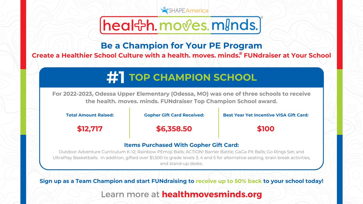 🔥Become a #healthmovesminds Champion Health &amp; Physical Education Program🔥

Odessa Upper Elementary (Odessa, MO) was able to purchase $6,300+ of equipment with the funds they received including Go Rings Set, ACTION! Barrier Battle and more

👇👇👇
healthmovesminds.org