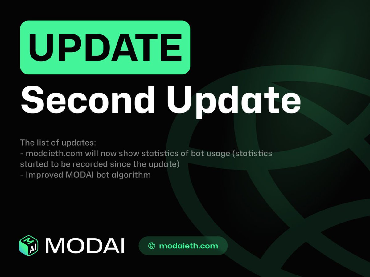 MODAI Second Update

The list of updates:
- modaieth.com will now show statistics of bot usage (statistics started to be recorded since the update)
- Improved MODAI bot algorithm

modaieth.com