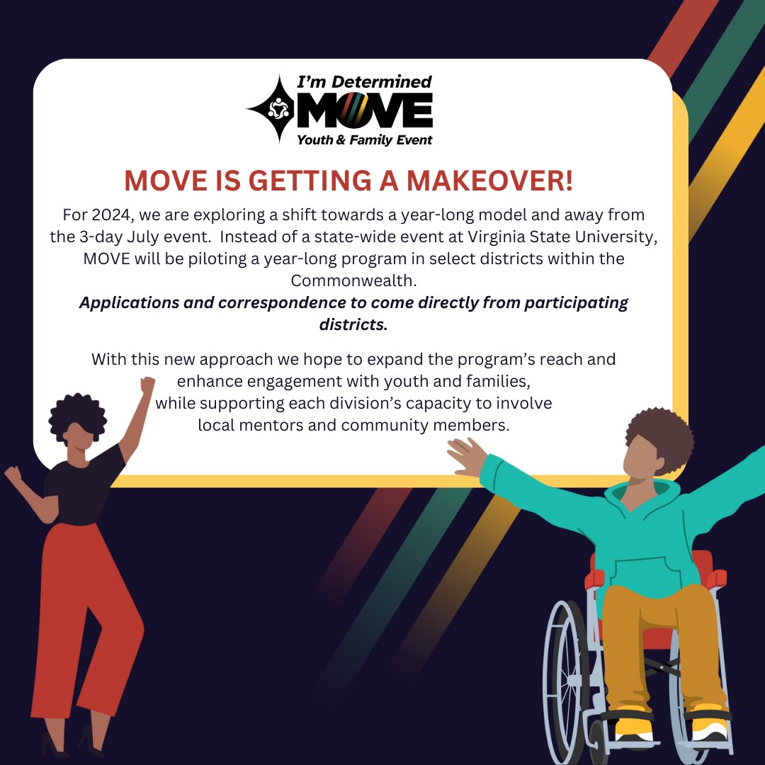 MOVE IS GETTING A MAKEOVER! MOVE will be piloting a year-long program in select districts within VA. With this new approach we hope to expand the program’s reach and enhance engagement with youth and families, while supporting each division’s capacity to involve local mentors.