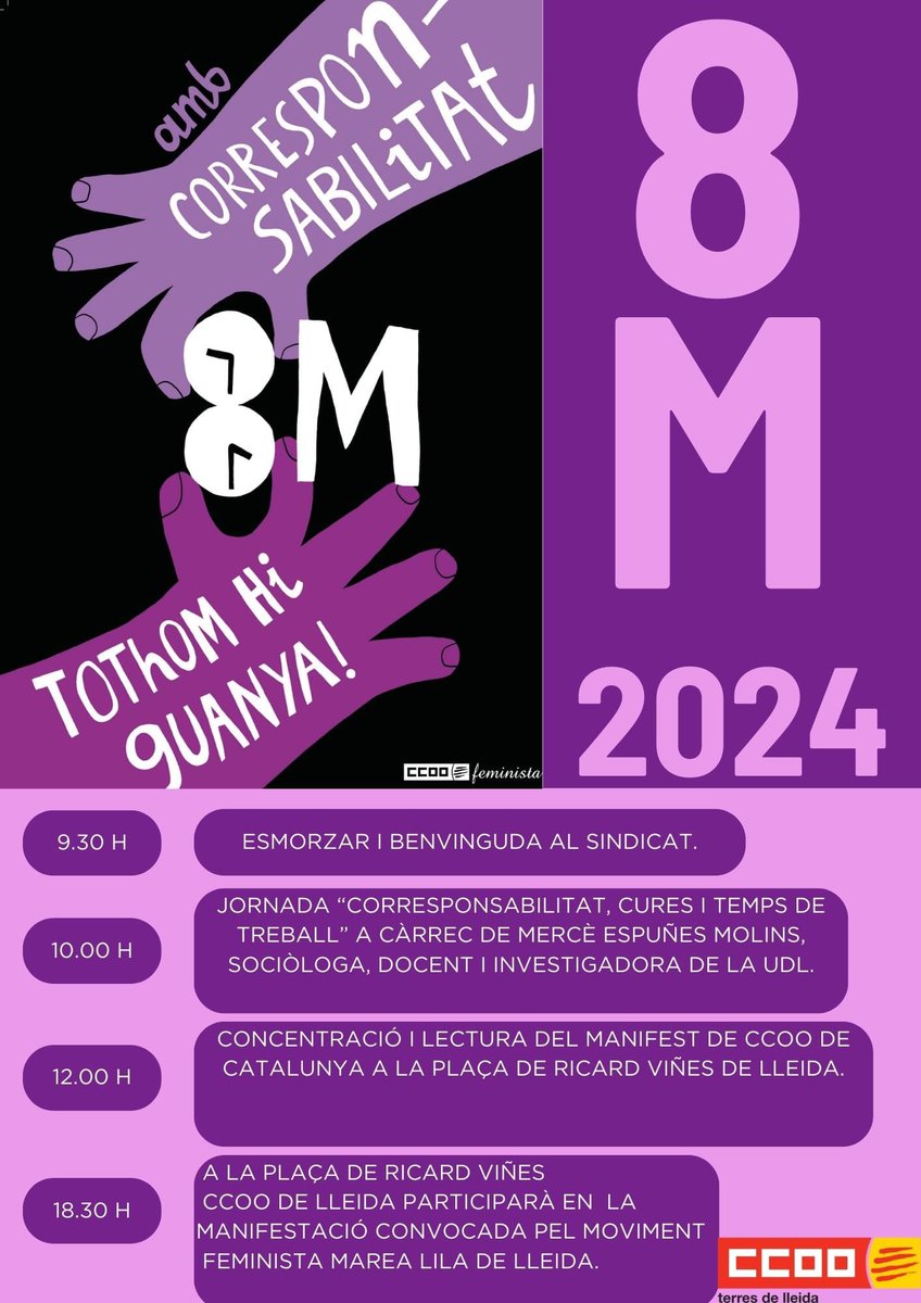 sjdtll's tweet photo. #8M2024 amb #correponsabilitat tothom hi guanya! 👇🏻Aquí tots els actes per reivindicar de @CCOOLleida https://t.co/q5nLO06Wyt