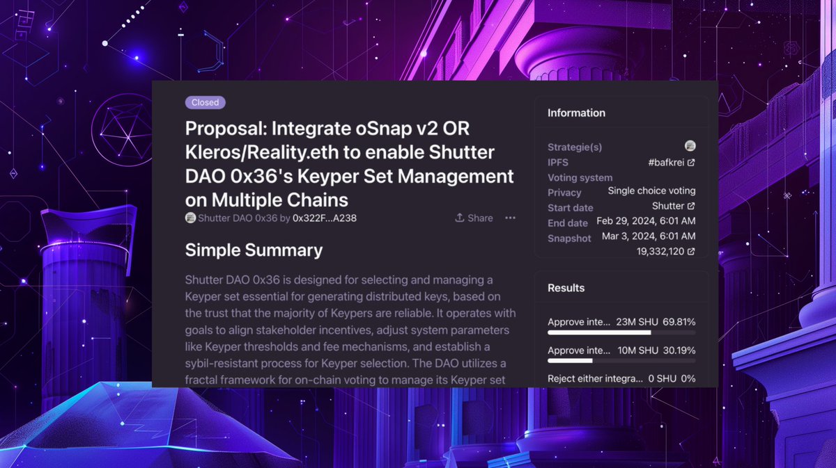 🔒 Kleros Secures @project_shutter's Keypers! 🔒 Shutter DAO 0x36 has chosen Kleros to safeguard their Keyper set management using our @SnapshotLabs @GnosisGuild Zodiac Module. 🌟 The module combines @RealityEth and Kleros for arbitration, and will be deployed on @gnosischain!