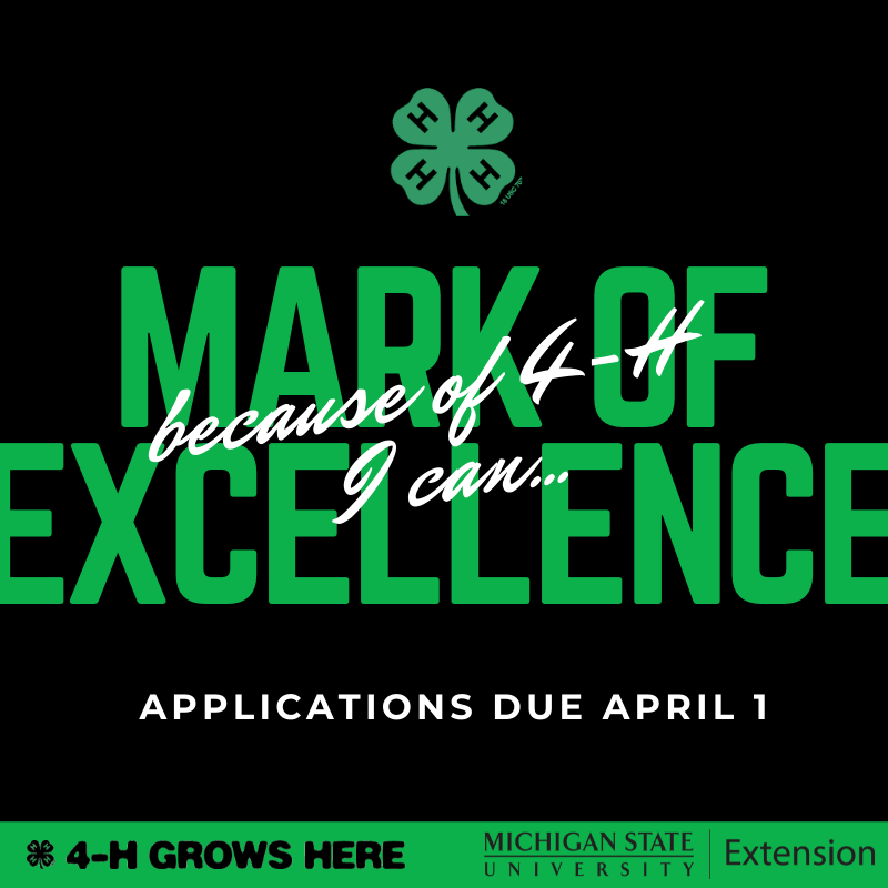 Are you a young person ages 11-12? Apply for the Mark of Excellence Award. The essay theme is “Because of 4-H, I can…” Tell us how #MI4H has made an impact on your life for a chance to be recognized! canr.msu.edu/4_h_scholarshi…