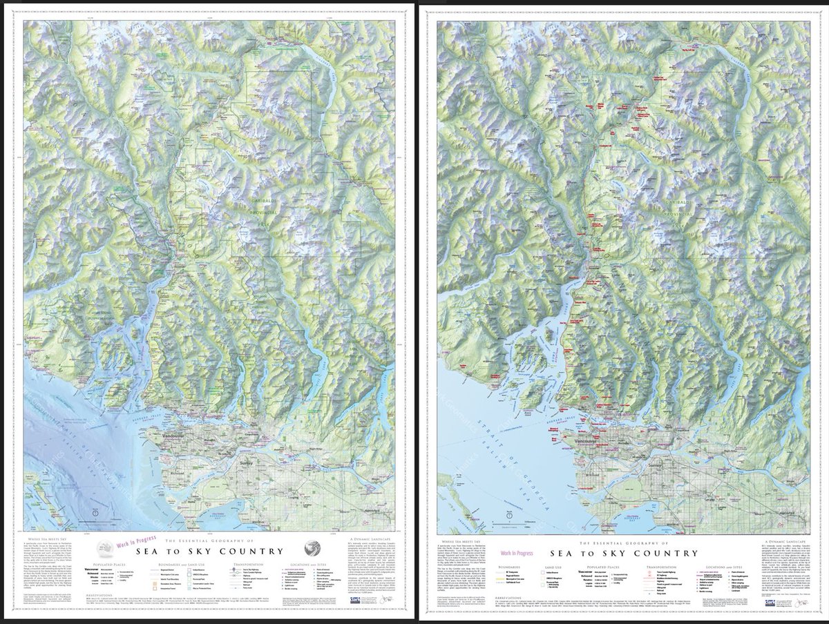 Slow progress is still progress, right? Added bathymetry, First Nation reserves and place names, a bunch of boundaries, among other things. Still on track for a spring release. Map on left is most recent. #cartography #maps #vancouver #squamish #whistler