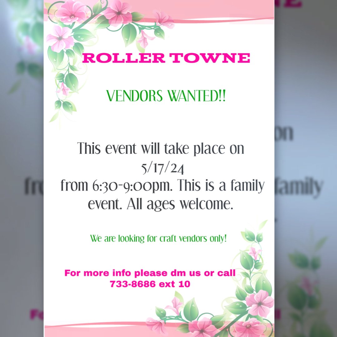 🎉 Calling all craft vendors! Roller Towne is hosting an all age event on 5/17/2024 and we want YOU to join us! If you're interested in showcasing your creations, send us a message for more info! 🛍️✨ #CraftVendors #RollerTowneEvent #FamilyFun #SupportLocalArtists 🔨🎨🎪