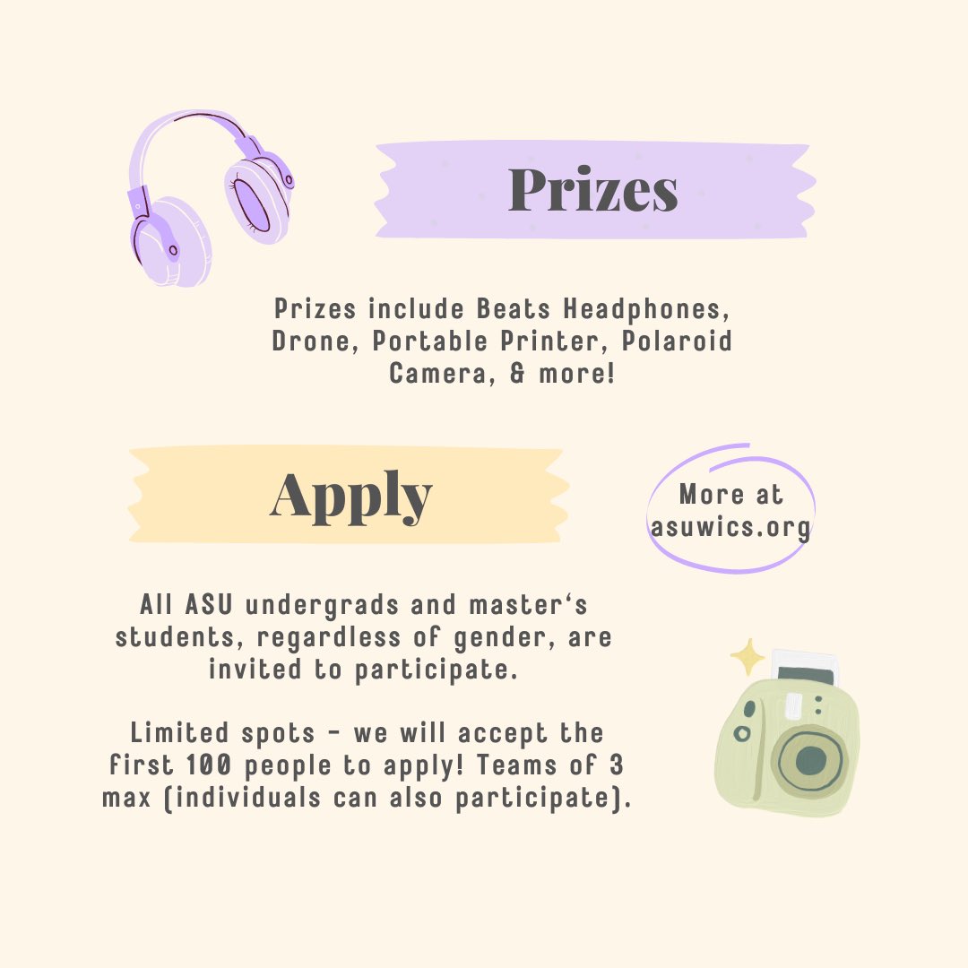 wics_asu's tweet photo. Registration for the WiCS Programming Competition is open until Tue, March 12! We will cap at 100 participants. 
All ASU undergrad and master's students are invited to apply, regardless of gender. Come solve programming challenges to win prizes based on your speed and accuracy! https://t.co/GvlXTarXsc
