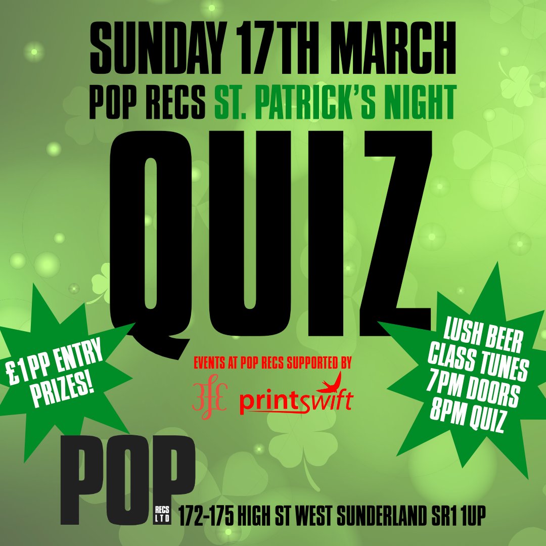 Join us on St Patrick's Night (Sun 17th March) for our first QUIZ! Our quizmaster @antchapmanaudio will be bringing partially themed questions as well as some music and video bells and whistles. £1pp entry, great craic and even some prizes. What's not to like?