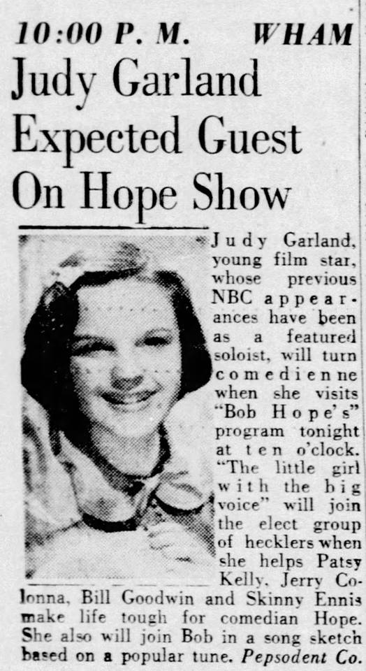 TheJudyRoom's tweet photo. March 7, 1939: Judy Garland appeared on "The Pepsodent Show Starring Bob Hope" and sang "It Had To Be You" and "FDR Jones."
Judy's segment here:
https://t.co/vRStsbelDZ
Complete show:
https://t.co/2I17lNfOY7
#judygarland #bobhope #patsykelly #pepsodent #nbcradio #thejudyroom https://t.co/ybbSLt1pmS