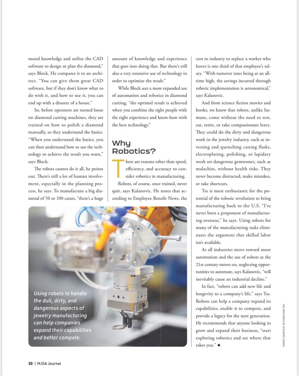 ChristianTse's tweet photo. Sharing this article from MJSA magazine on our use of robotics for manufacturing jewelry! We’ve made inroads on polishing and setting! https://t.co/OyVFmhxt5N