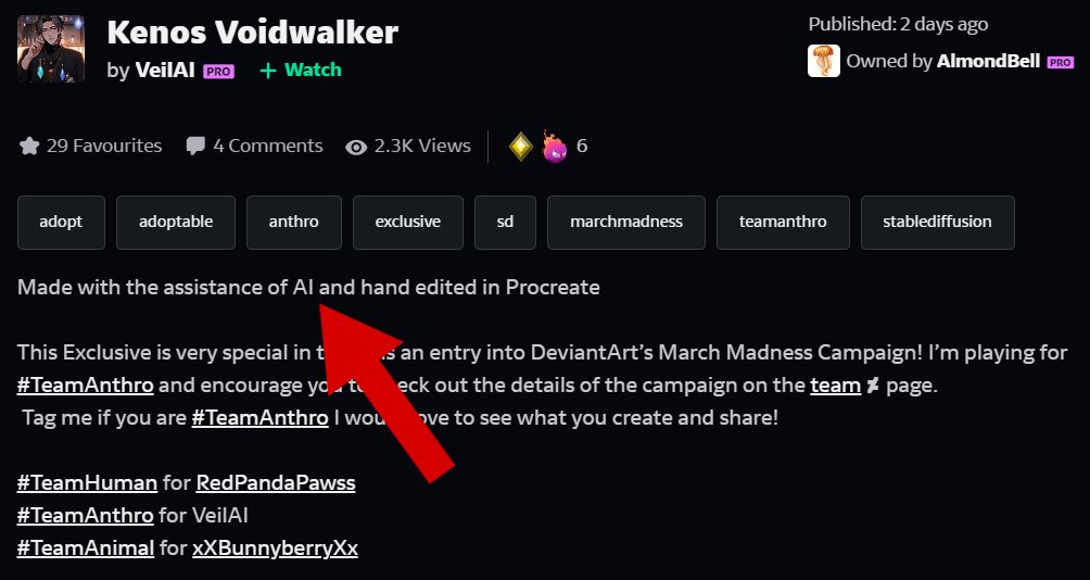 turbuggie's tweet image. So, deviantart is hosting an "Adoptables March Madness" event, where all 3 example adoptables are AI-generated. The entries in the replies to their promotional journal post are also swamped with AI-generated images. I'm speechless.