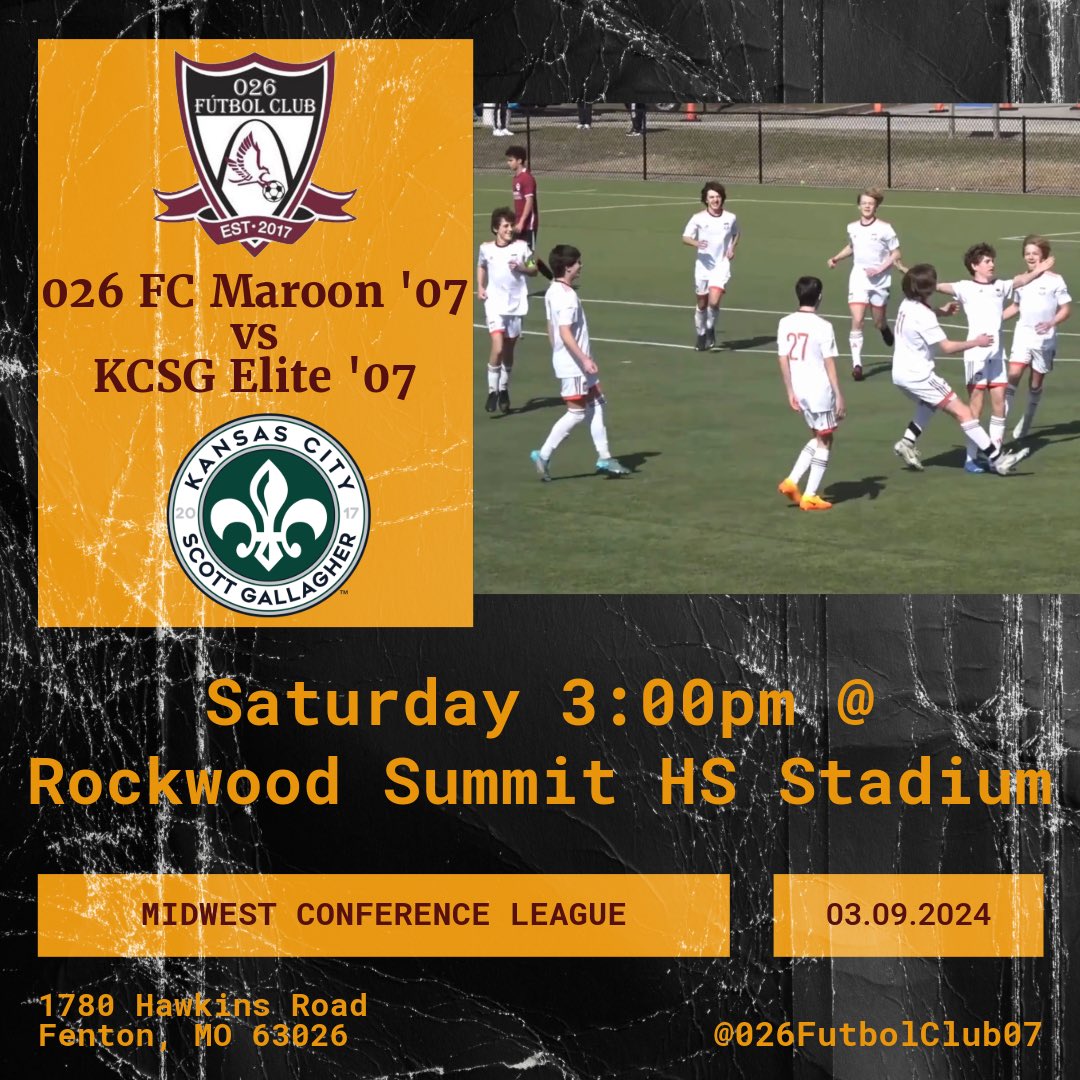 Midwest Conference game this Saturday vs KCSG Elite. Game will be played right here in the 026 at Rockwood Summit HS at 3:00pm.