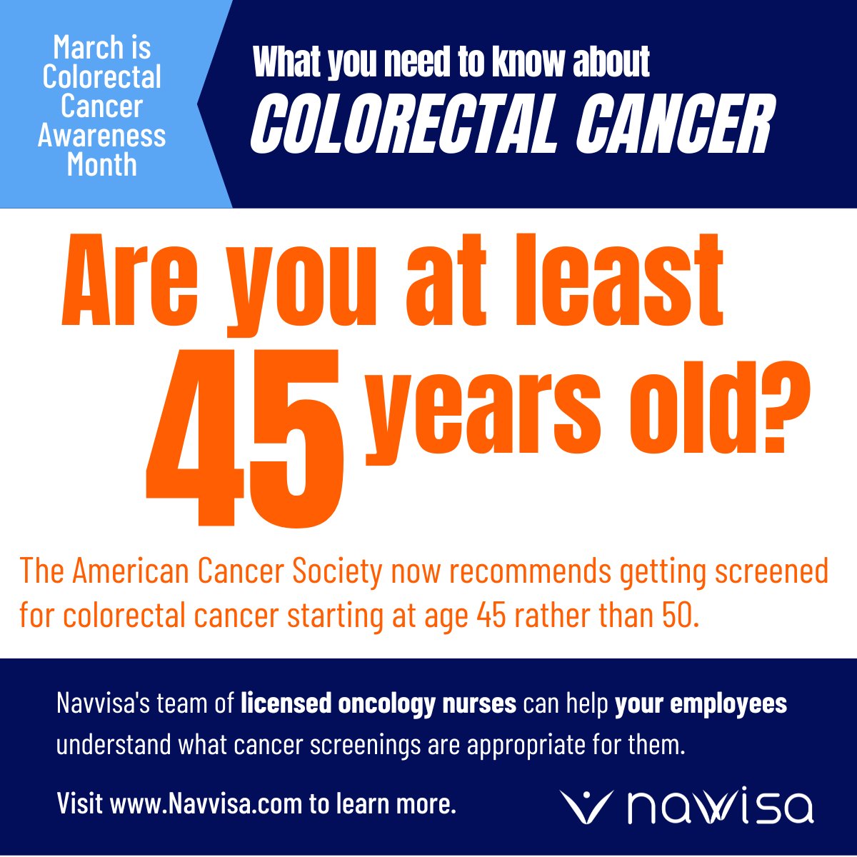 navvisa's tweet photo. Cancer diagnoses are rising in people under 50 years old. 
This Colorectal Cancer Awareness month, what are you doing to help your employees understand their own colorectal cancer risk? Navvisa's licensed oncology nurses can help! https://t.co/KTYiZ1qle3