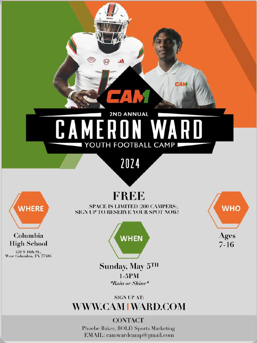 Excited to host my 2nd Cameron Ward Youth Football Camp, May 5 at Columbia High School. Free for ages 7-16. Legendary Texas Coach Steve Van Meter will once again be running the camp. Registration will open of Friday, March 8 at 9 am. Link in my bio!!!  Limited to 200 campers