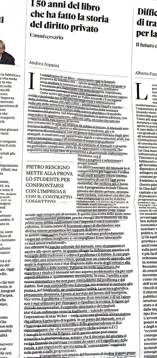 Su <a href="/sole24ore/">IlSole24ORE</a> di qualche settimana fa un estratto dell'intervento del Prof. <a href="/ZoppiniAndrea/">Andrea Zoppini</a> per celebrare i #50anni all'#accademiadeilincei del #Manualedidirittoprivato del Prof. #PietroRescigno. che ha fatto la storia del #dirittoprivato, sfogliato da generazioni di giuristi
