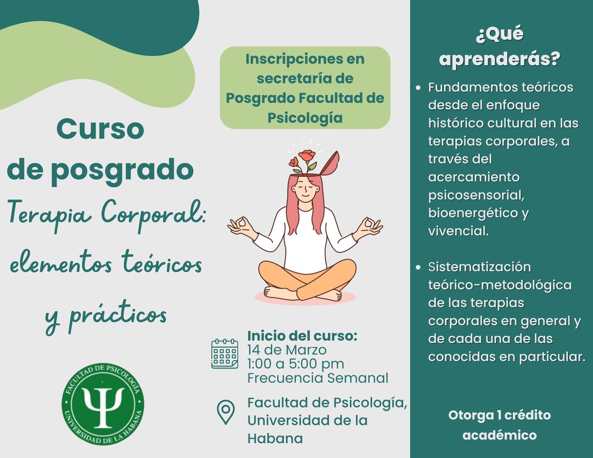 Te invitamos a participar en el curso de posgrado "Terapia corporal: elementos teóricos y prácticos" 🤓.

Una excelente oportunidad para aprender y reflexionar 🤔 sobre los fundamentos teóricos metodológicos de estas terapias desde un enfoque histórico cultural ☺️.