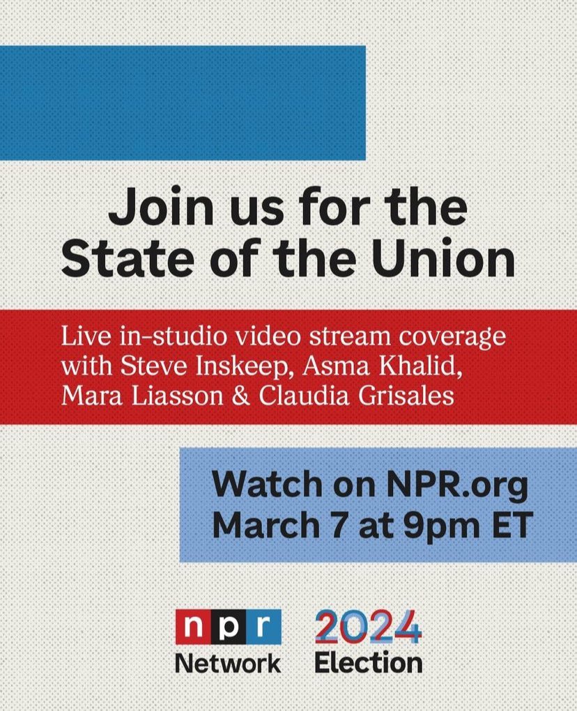 NPR will offer special #SOTU2024 coverage including streaming video available at NPR.org, participating NPR Member station radio broadcasts and websites, the NPR app, NPR Facebook and the NPR YouTube Channel.