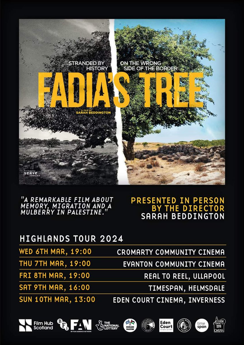 Such a gift to see #FadiasTree in Evanton tonight & to hear the outstandingly talented Director @sb13beddington speak about opening up to curiosity, empathy & friendship as she found herself making a film about the vision, passion & hope of one Palestinian in exile. See it, do.