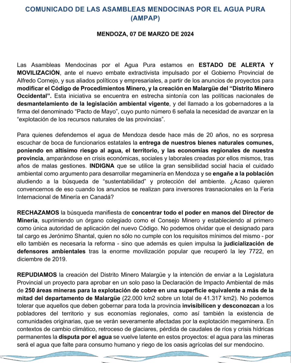Asambleasrafael's tweet photo. Comunicado de las Asambleas Mendocinas por el Agua Pura (#AMPAP)
#ELAGUADEMENDOZANOSENEGOCIA
#LA7722NOSETOCA
#MALARGÜENOESZONADESACRIFICIO
#MENDOZALIBREDEMEGAMINERIA
#MENDOZALIBREDEFRACKING
#MENDOZALIBREDEAGROTOXICOS
#BASTADEEXTRACTIVISMO
#ELAGUAVALEMASQUEELORO
#LEYDEGLACIARES https://t.co/kG1P43vymW