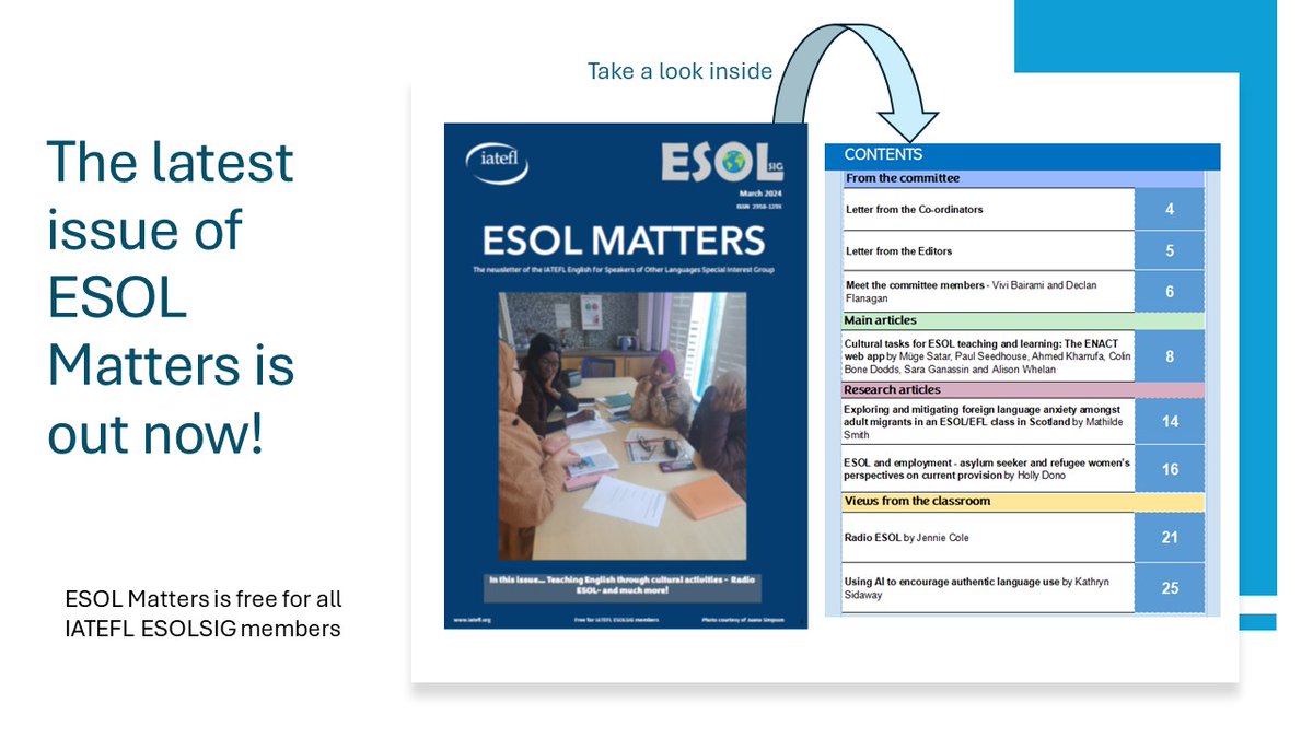 We are thrilled to share the latest issue of our #newsletter, ESOL Matters. If you are interested in reading up-to-date research articles and views from the classroom, join the IATEFL ESOL SIG. ESOL Matters is free for all our members.