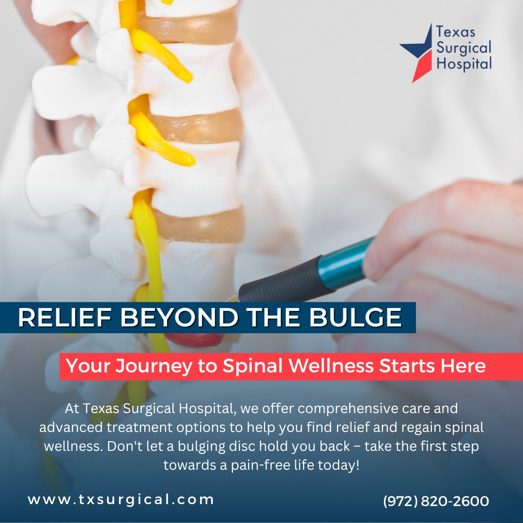 TexasSurgical's tweet image. Don&apos;t let a bulging disc hold you back – take the first step towards a pain-free life today!
📌txsurgical.com/procedures-spe… 
 
#BulgingDisc #SpinalWellness #TreatmentOptions #PainRelief #TexasSurgicalHospital