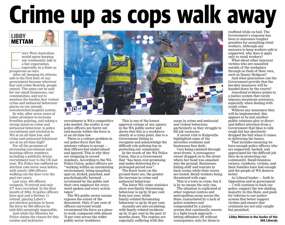There is a culture problem in our police force that the Minister refuses to accept - that officers feel undervalued and ignored. 
In the words of the WA Police Union, this is a government that “has been overpromising and underdelivering for a prolonged period now”.
This is why