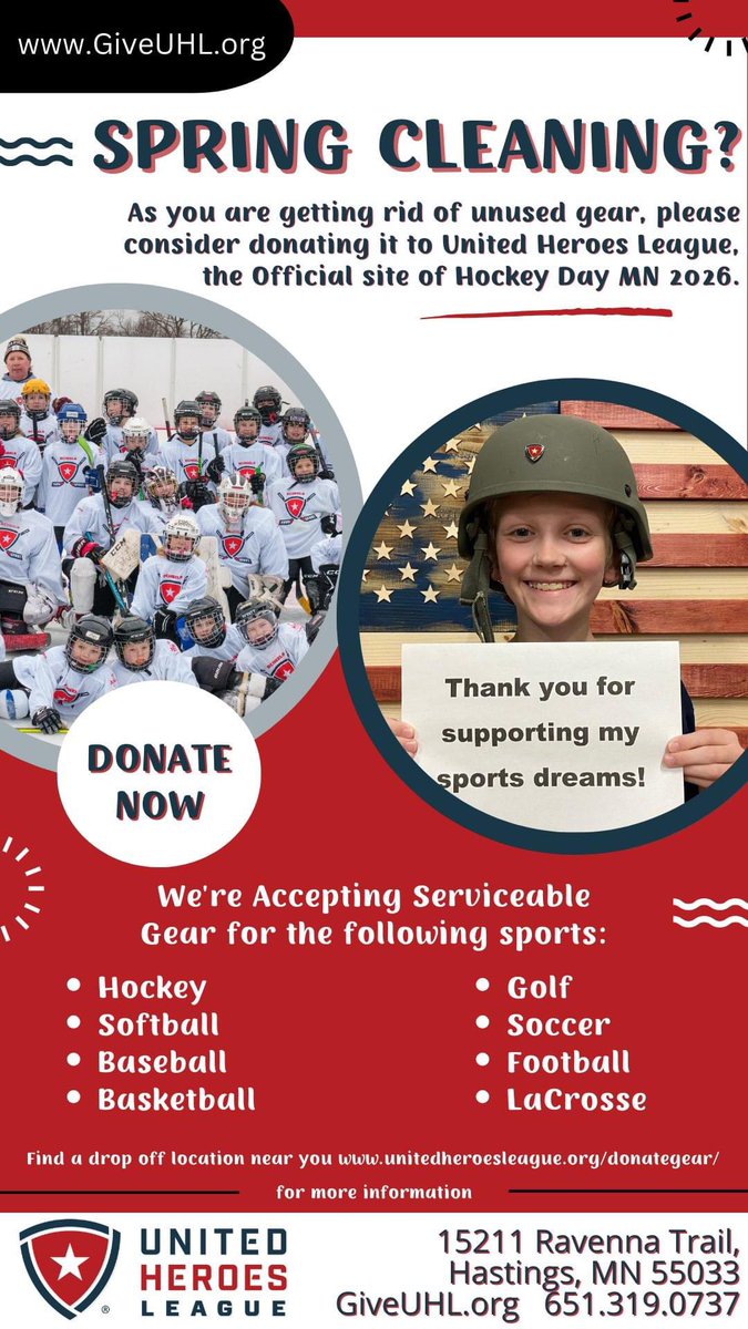 With the weather warming up, now is the time to free up space in your storage areas, United Heroes League is accepting gently used sports equipment at our Headquarters and at various locations around Minnesota. Find a location near you at unitedheroesleague.org/donategear/.
