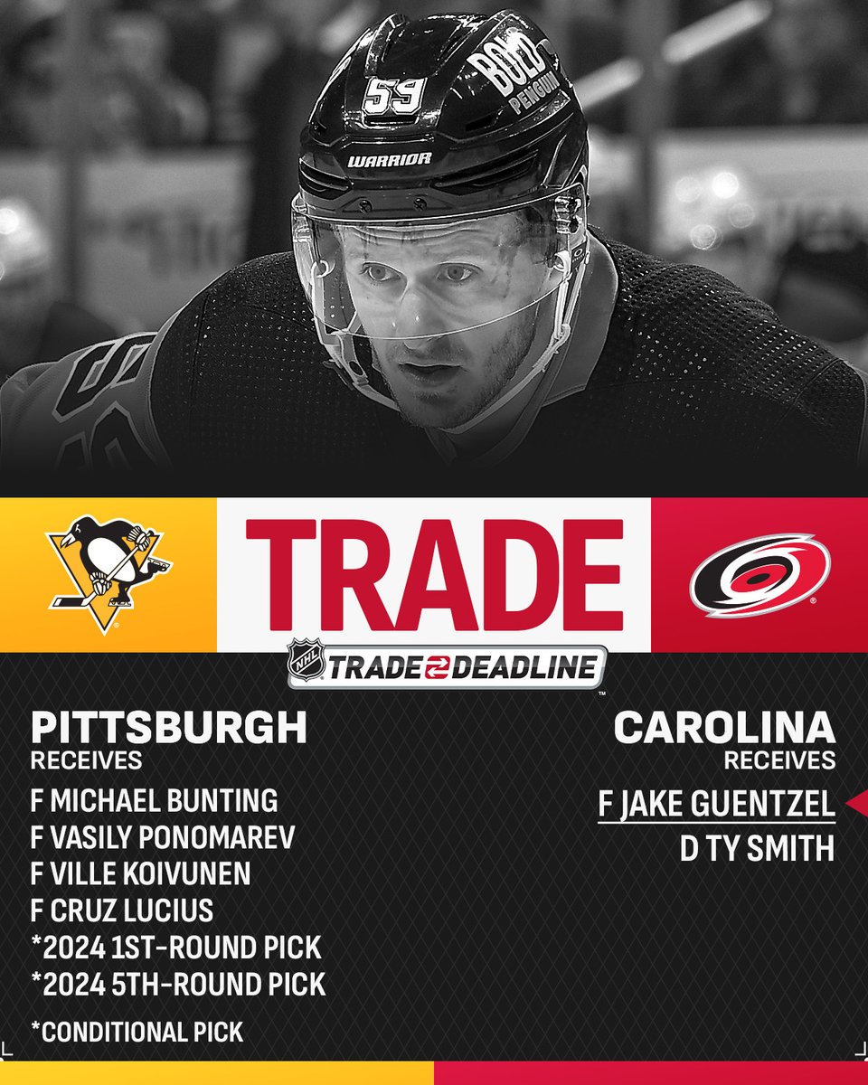 DONE DEAL ✅ 

Jake Guentzel is headed to Raleighwood! 

The #NHLTradeDeadline is tomorrow at 3p ET.